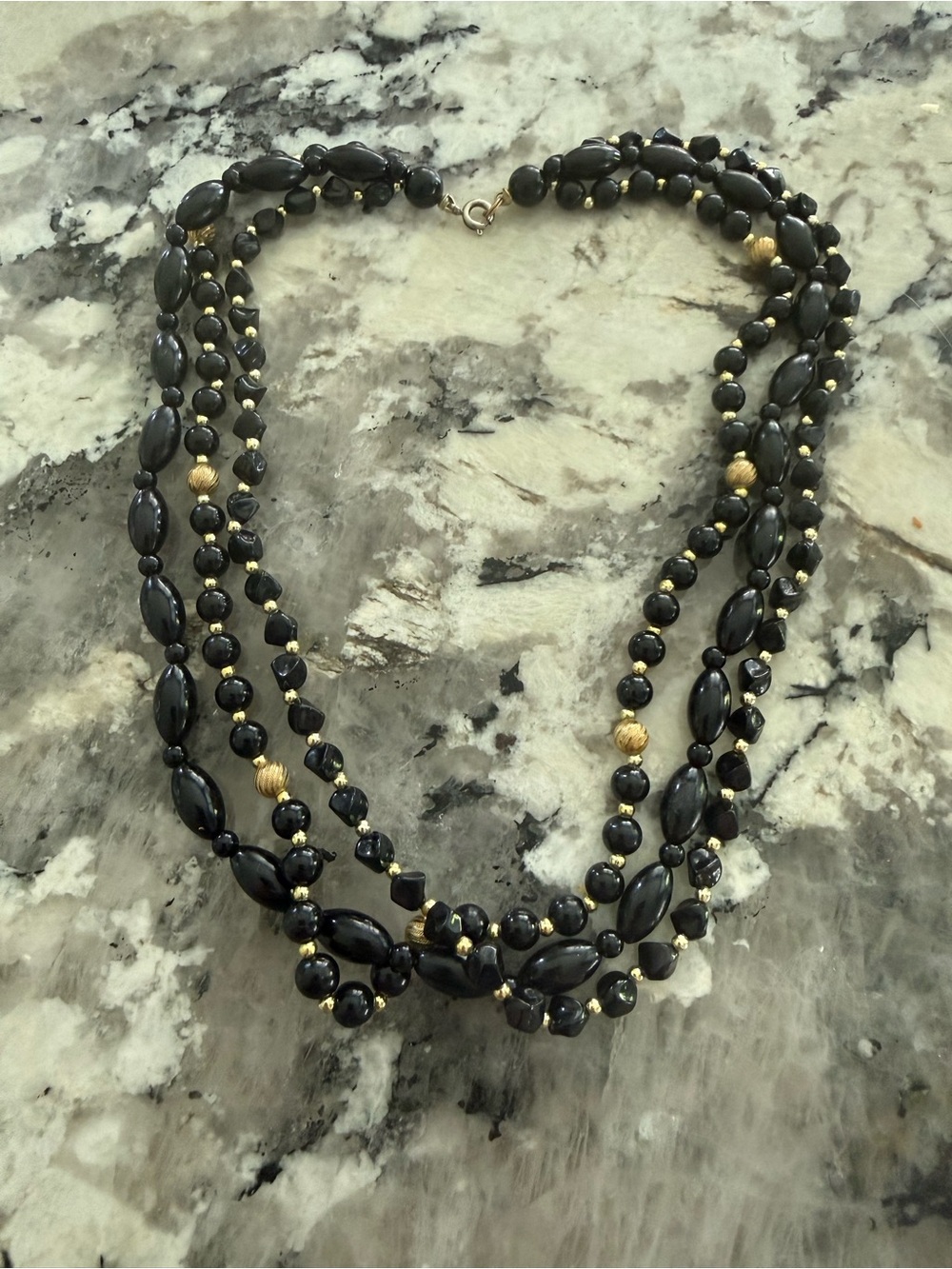 Vintage Black‎ and Gold Tone Beadef Multi-Strand Necklace 14”